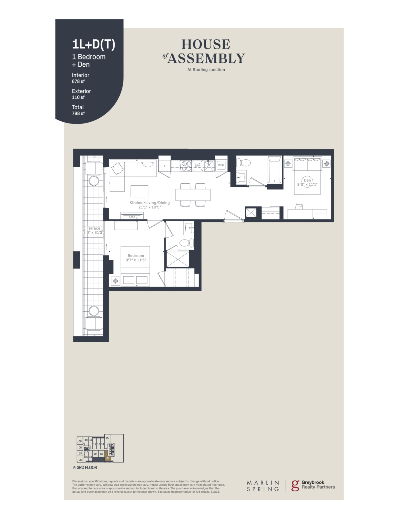 1+1 Bedroom Floor Plan - 181 Sterling Road 678 sqft
